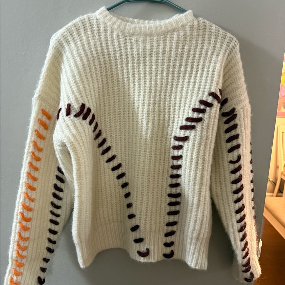 Boohoo Cream Sweater with Orange and Purple Accents